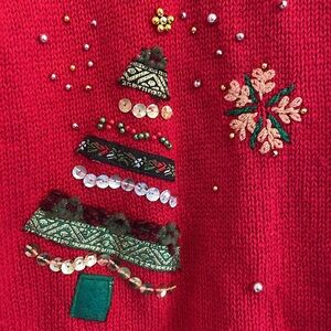 Christmas sweater button cardigan beaded sequins embroidered trees